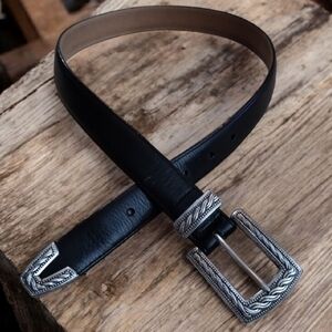 Brighton Black Leather Belt with Decorative Silver Buckle S